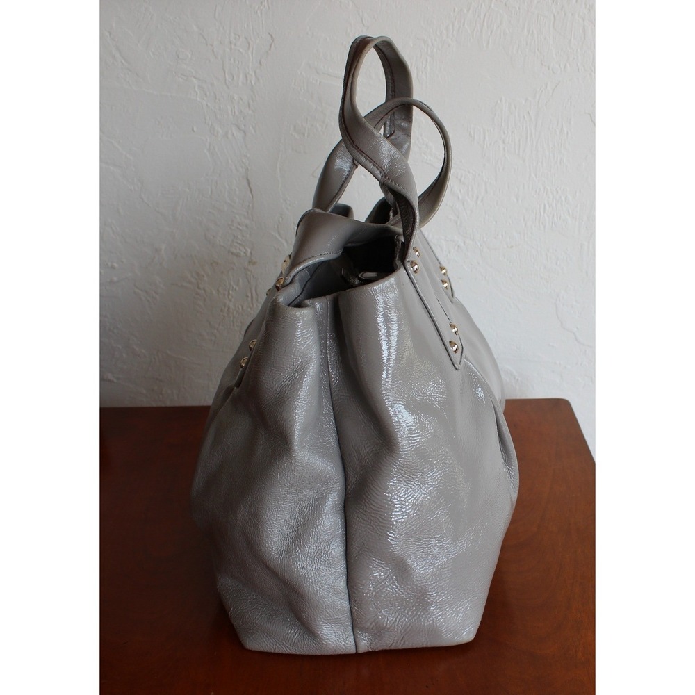 Kate Spade New York Grey Leather Pleated Tote Bag Striped Lining - Picture 3 of 15